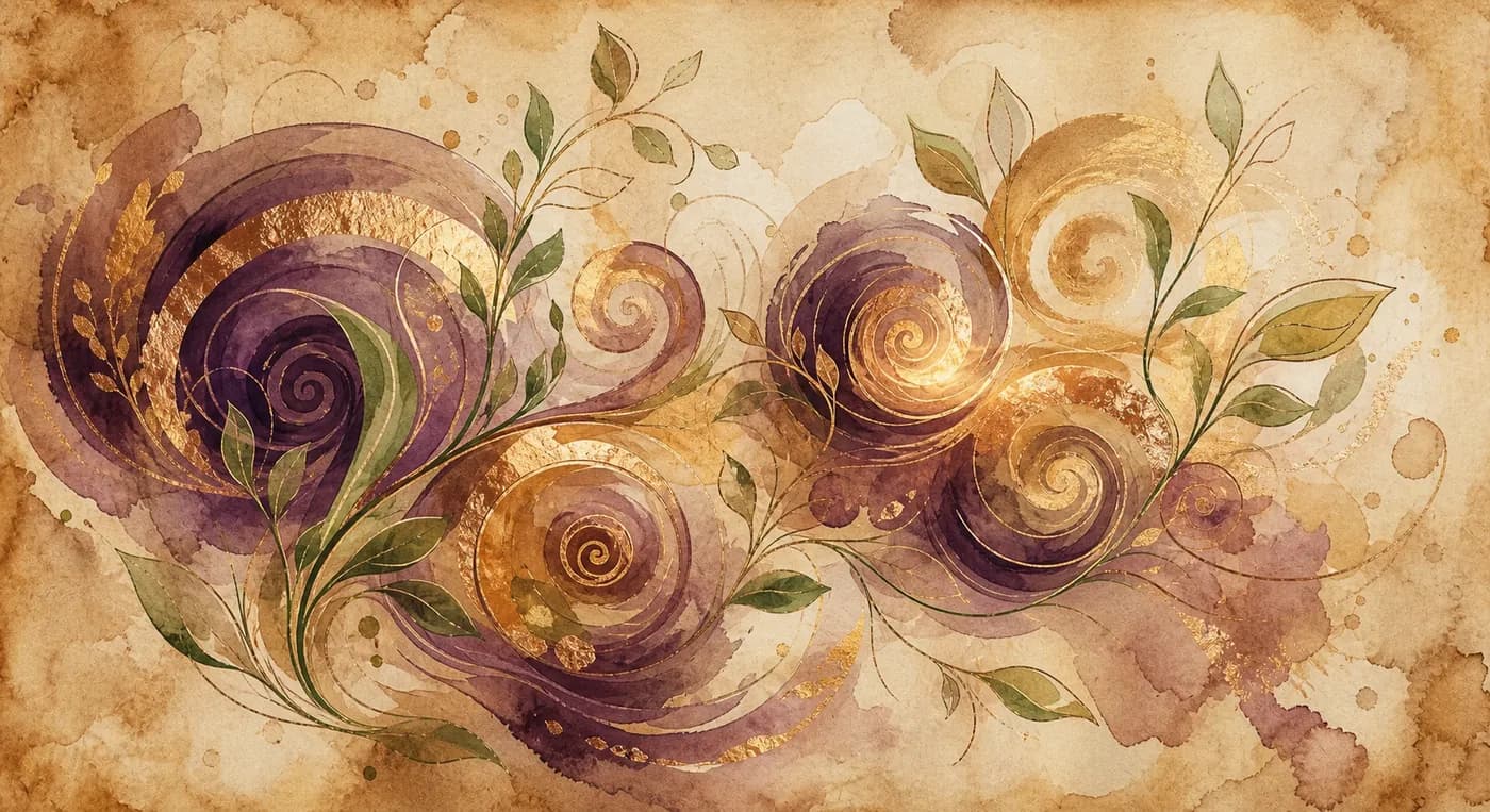 Ilustración de espirales en ciruela y cobre con hojas verdes sobre papel envejecido