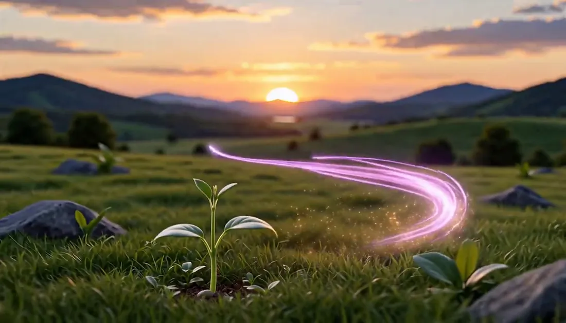 Un brote en el campo con un trazo de luz que dibuja una S hacia el sol naciente